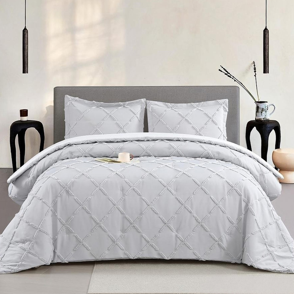 Conjunto de capa de edredão bordado de chenille sereno geométrico ruching tufado conjunto de cama