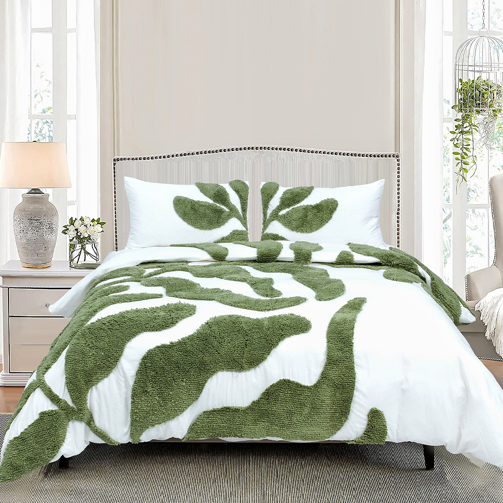 Belle botanical folha de grande escala tufado chenille bordado capa edredão conjunto capa edredão conjunto cama