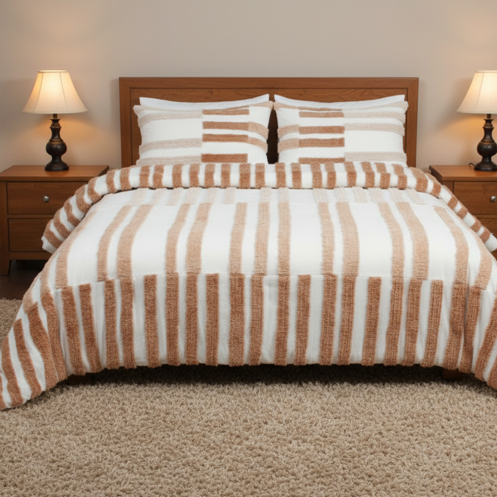Collette Strip Tufted Chenille Bordado Capa de Edredão Conjunto de Capa de Edredão Conjunto de Cama