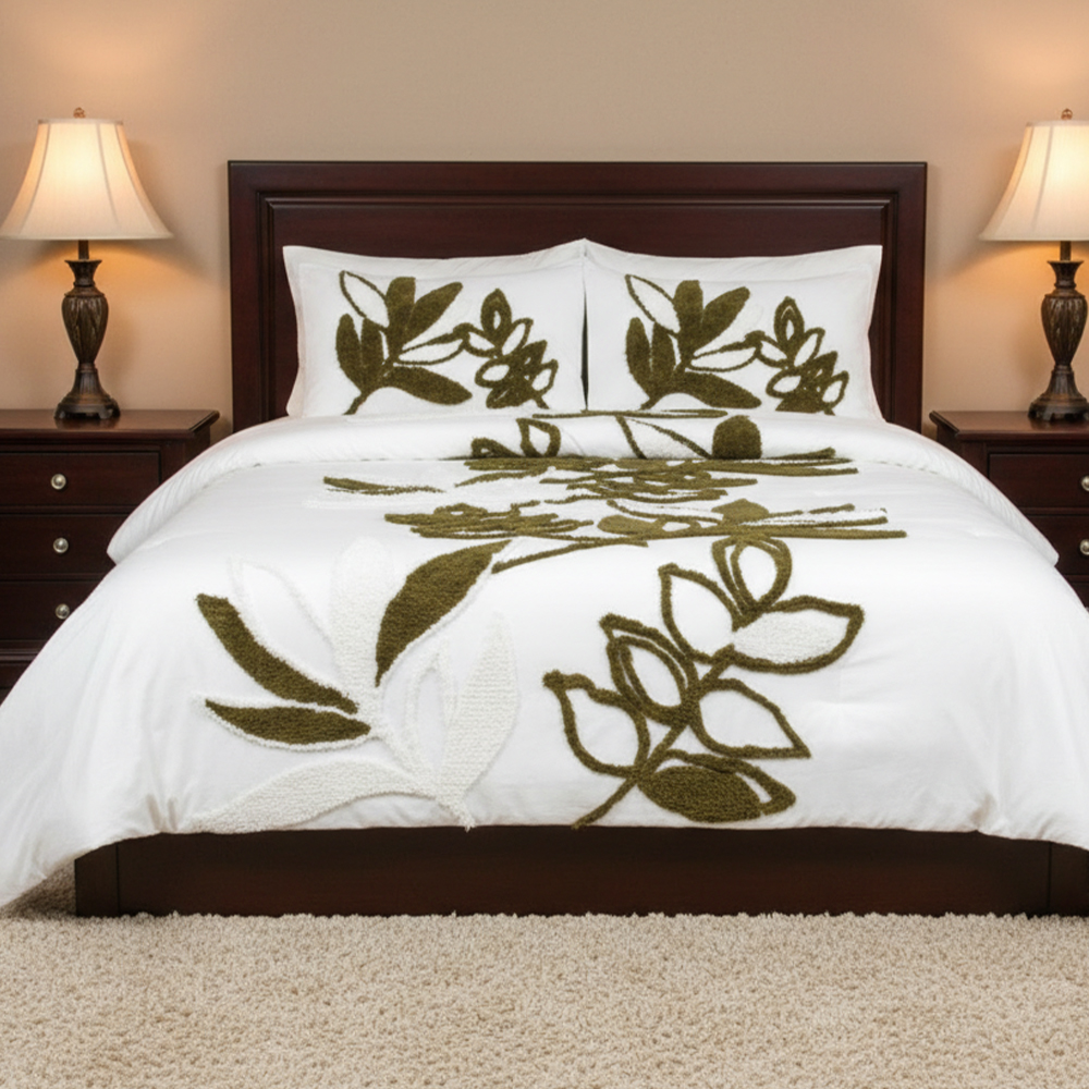 Gia botanical leaf tufado chenille bordado capa de edredão conjunto de cama